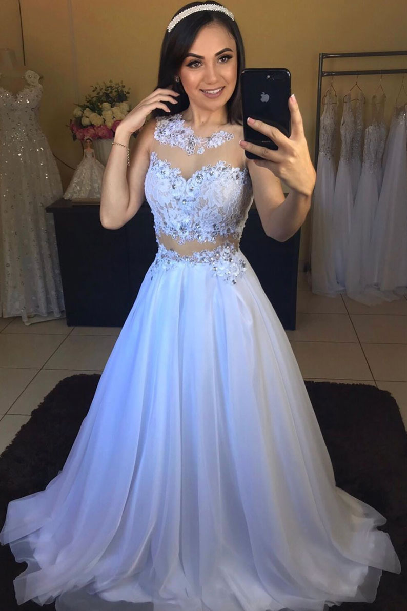 White round neck tulle lace long prom dress white formal dress