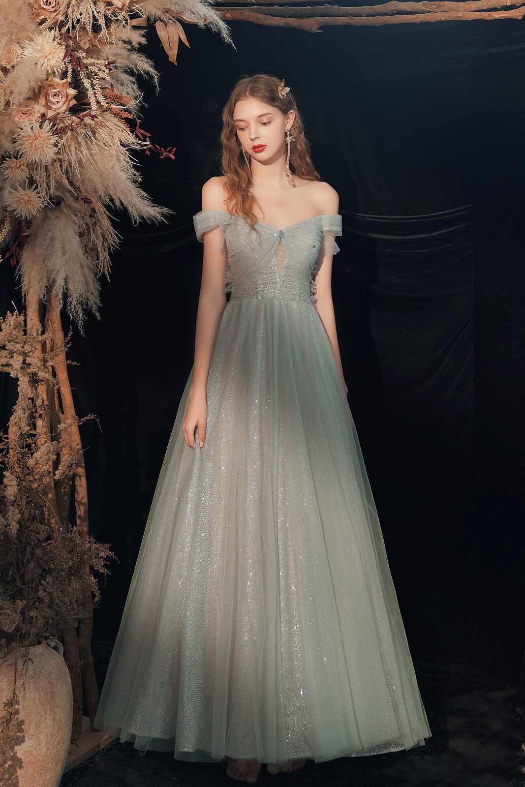 Gray Green off shoulder tulle long prom dress gray tulle formal dress