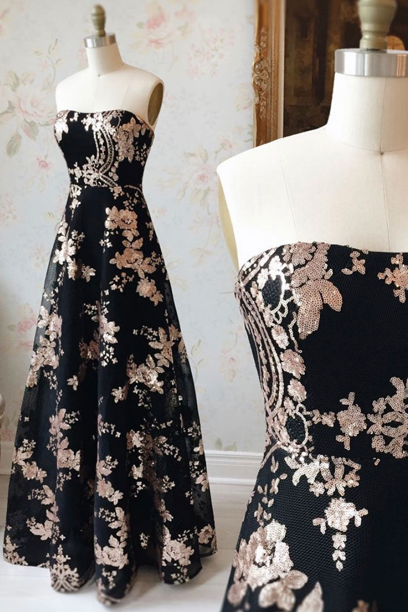 Unique A-line lace sequin long black prom dress black evening dress