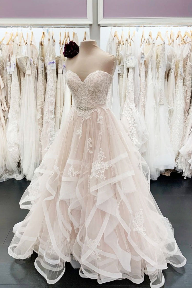 Light champagne tulle lace long prom dress lace tulle evening dress