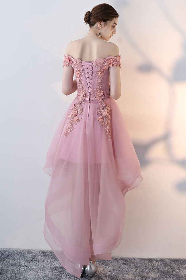 Pink tulle lace off shoulder short prom dress pink homecoming dress