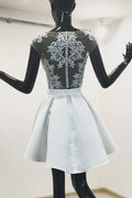 Light blue two pieces lace short prom dress, homecoming dress