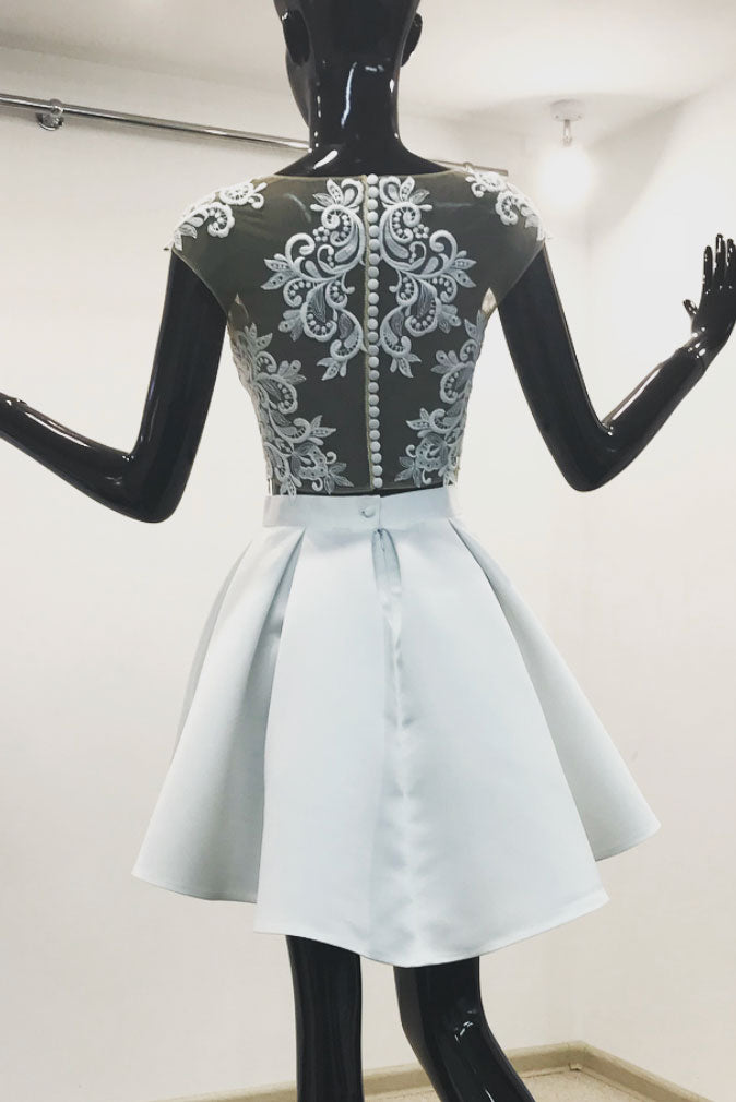 Light blue two pieces lace short prom dress, homecoming dress