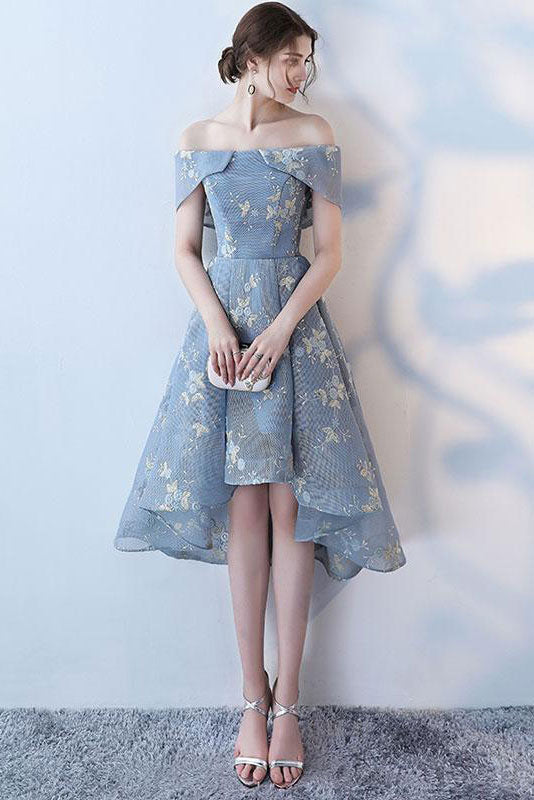 Gray blue lace short prom dress blue lace homecoming dress