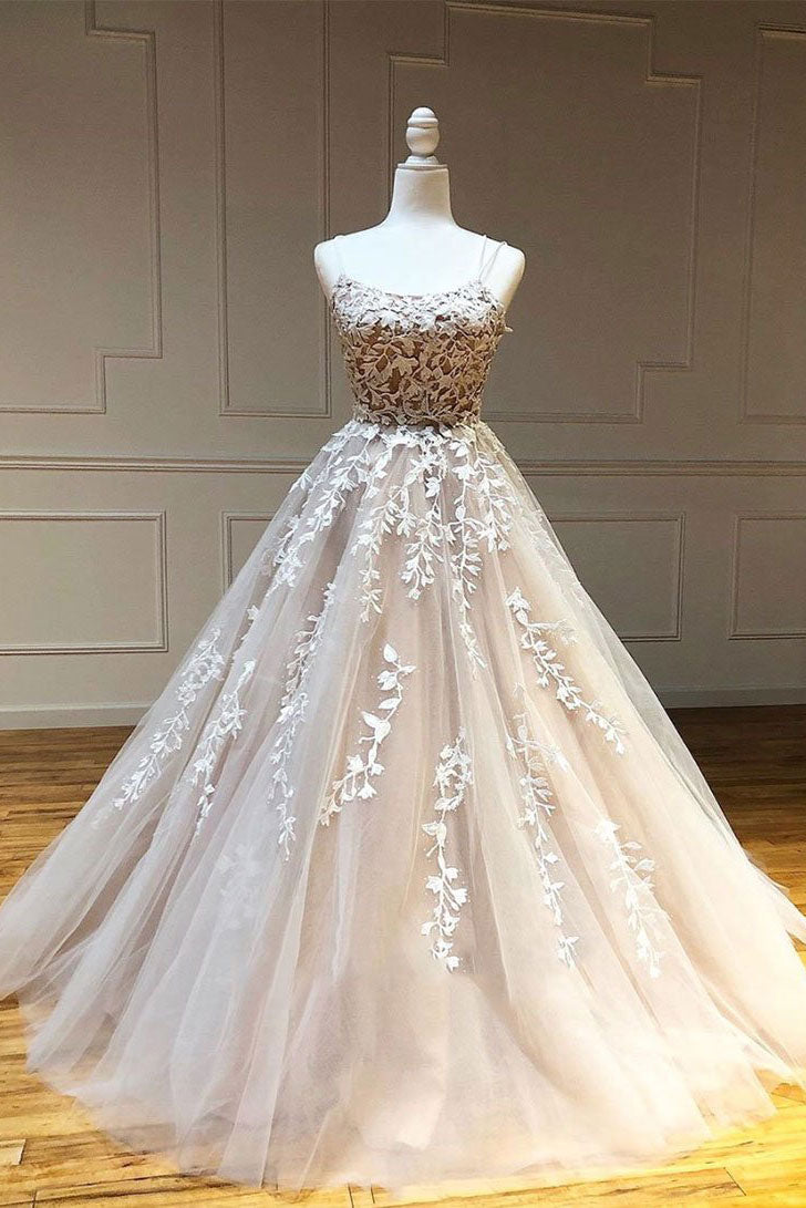 Champagne tulle lace long prom dress champagne lace formal dress