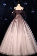 Coffee one shoulder tulle long prom gown, coffee tulle formal dress