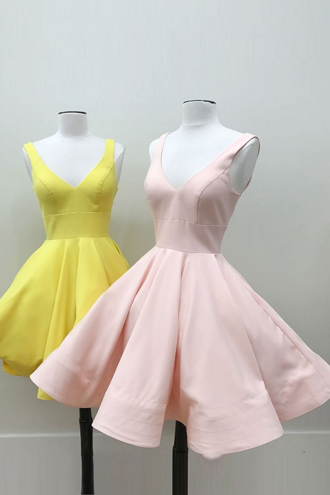 Simple v neck satin short prom dress, homecoming dress