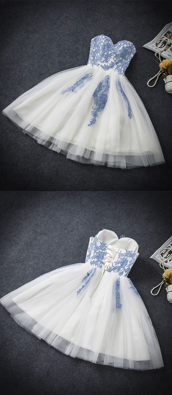 Blue sweetheart neck tulle short prom dress, blue homecoming dress