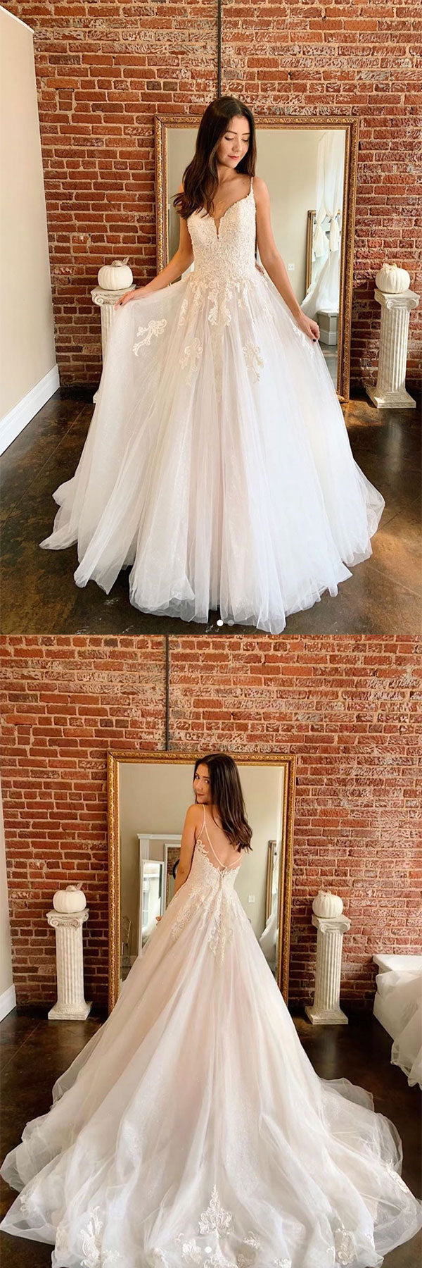 Light champagne A-line tulle lace long prom dress tulle lace formal dress
