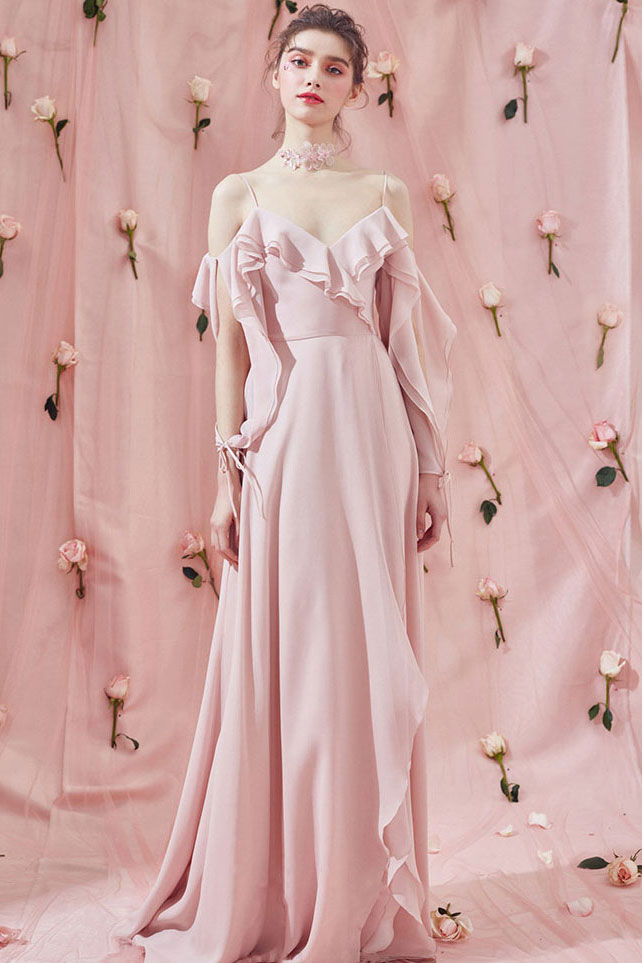 Simple pink chiffon long prom dress pink formal dress