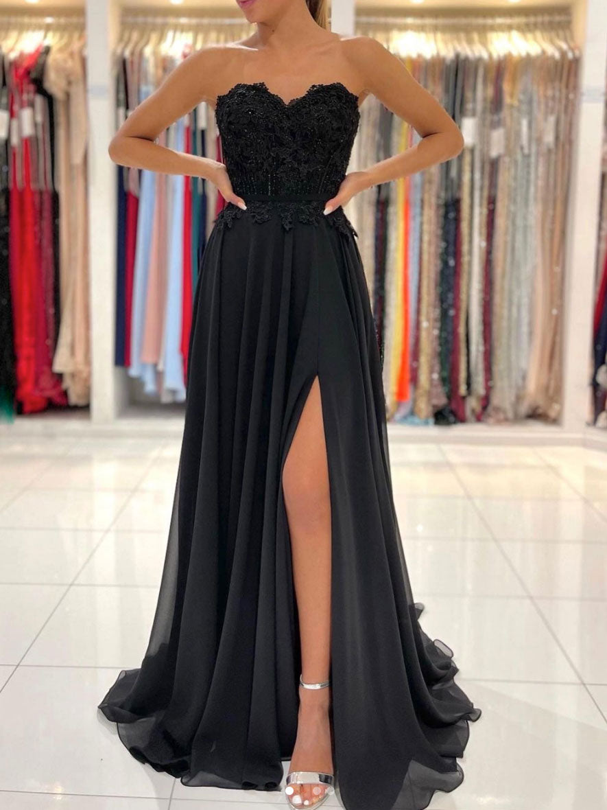 Black sweetheart A line chiffon lace long prom dress, black evening dr Black sweetheart A line chiffon lace long prom dress, black evening dr