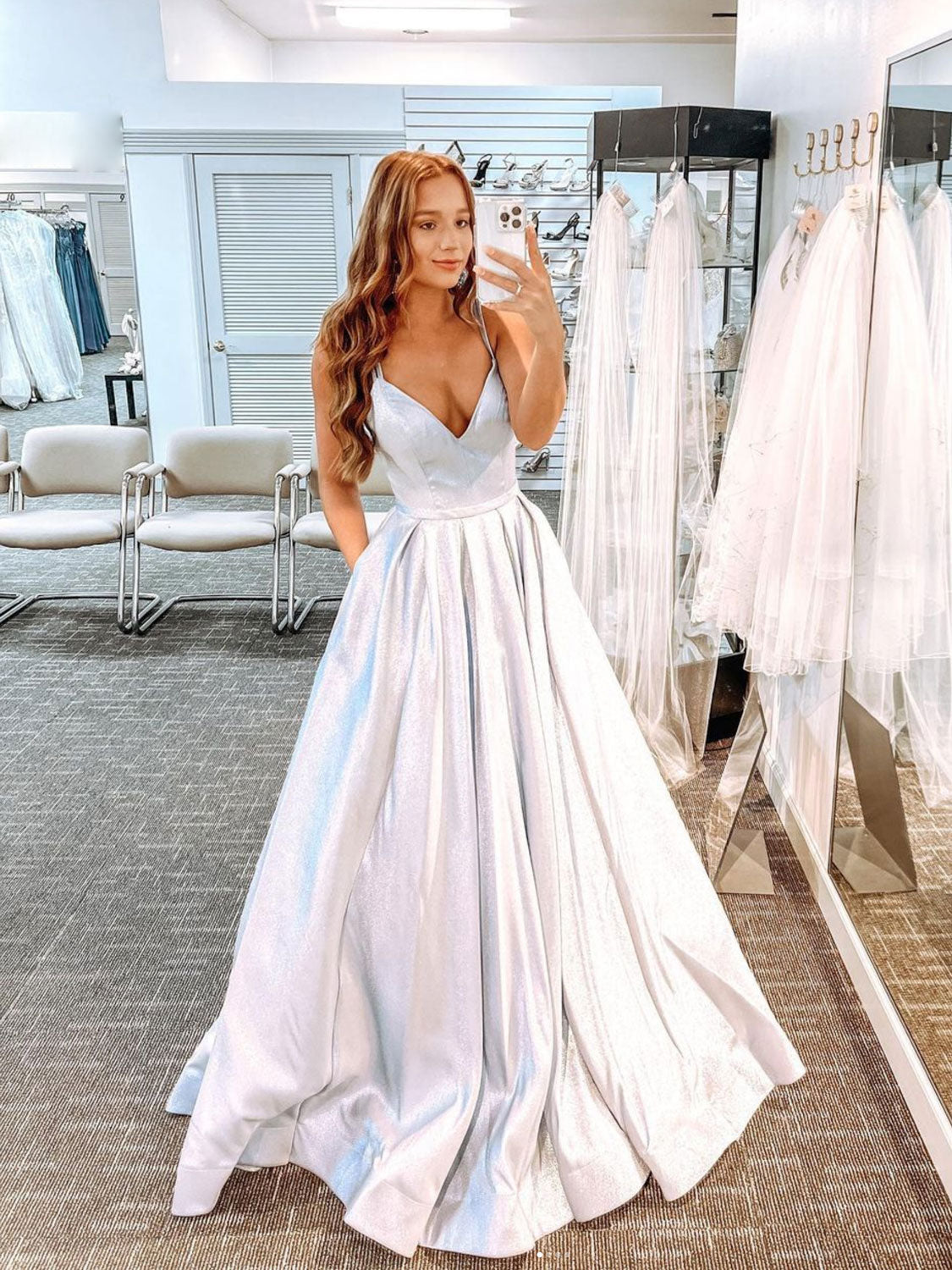 Silver v neck satin long prom dress, silver long evening dress