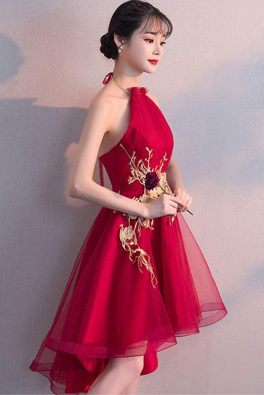Cute tulle lace applique short burgundy prom dress, homecoming dress