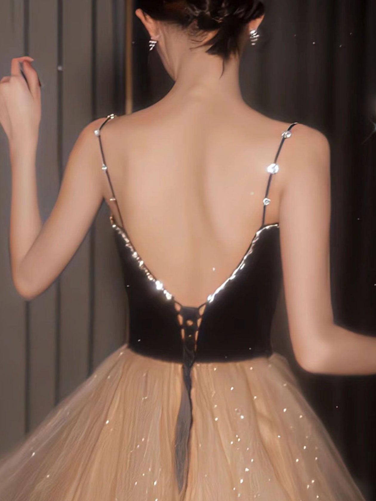 Champagne v neck tulle long prom dress, champagne formal graduation dress
