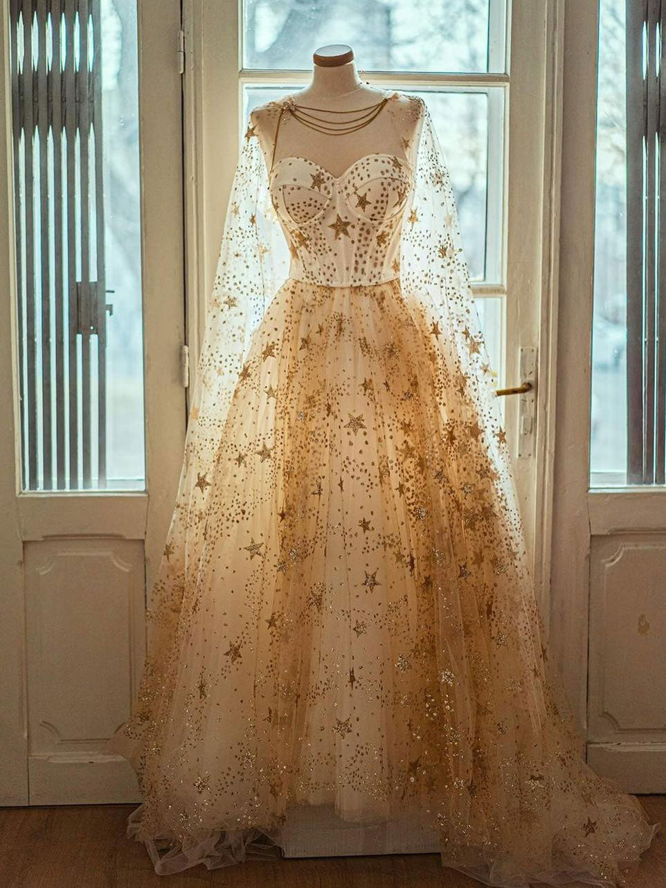 Champagne A line tulle long prom dress tulle Star long formal evening dresstby Champagne A line tulle long prom dress tulle Star long formal evening dresstby