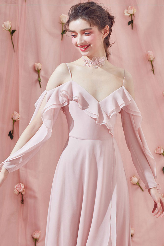 Simple pink chiffon long prom dress pink formal dress