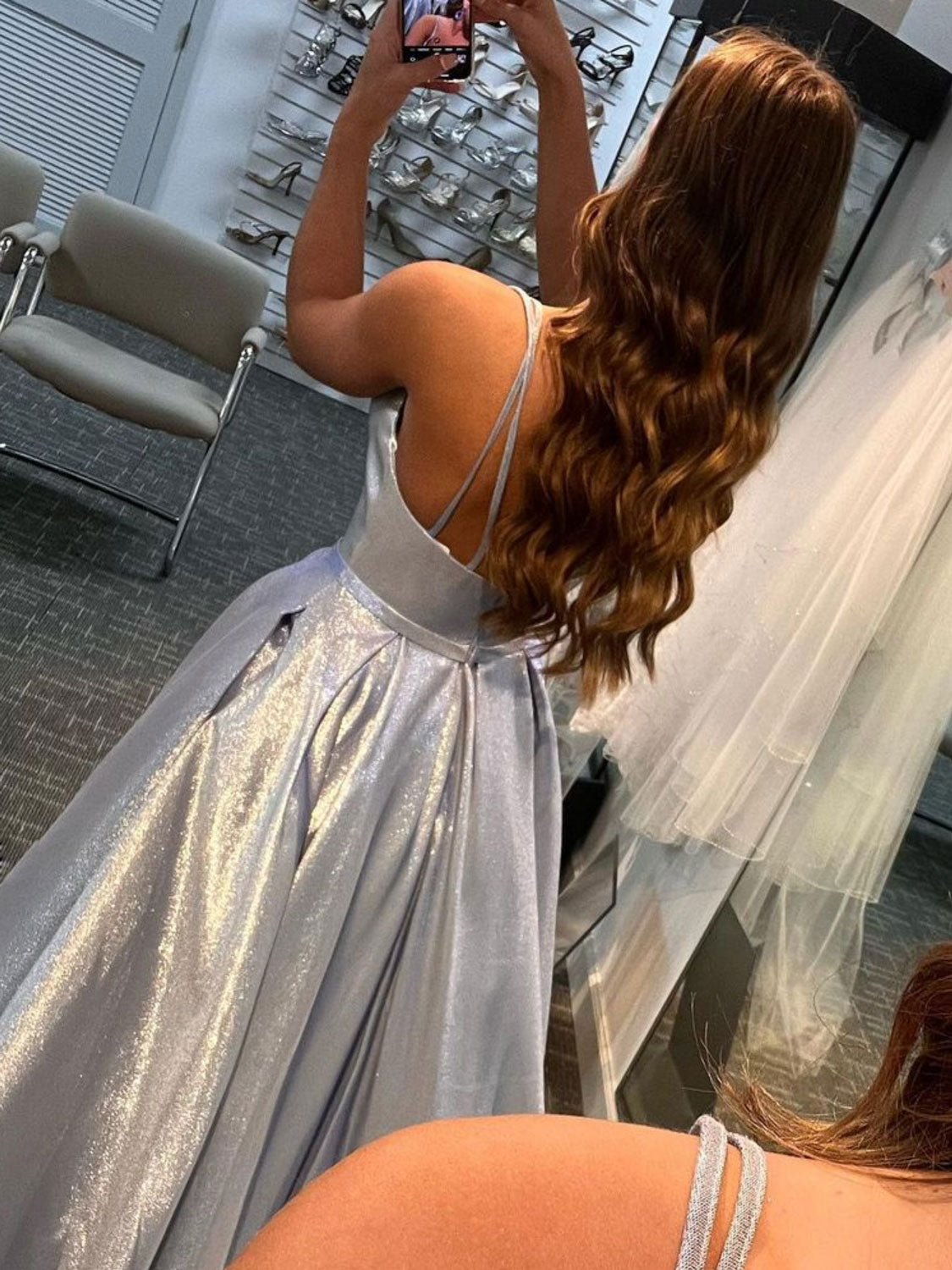 Silver v neck satin long prom dress, silver long evening dress