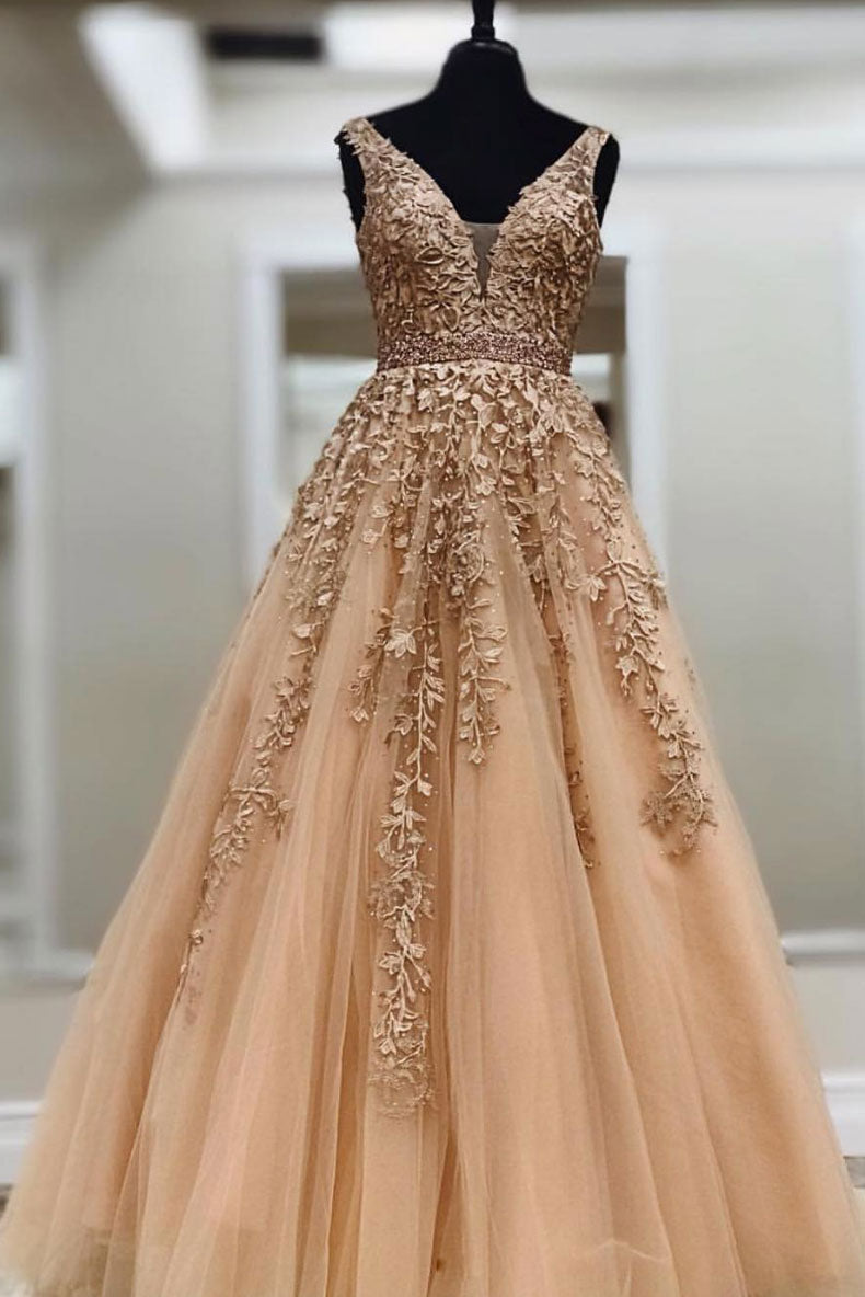 Champagne lace v neck tulle long prom dress, tulle evening dress dresstby Champagne lace v neck tulle long prom dress, tulle evening dress dresstby