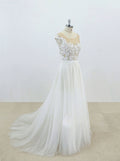 White round neck lace tulle long prom dress, white lace wedding dress