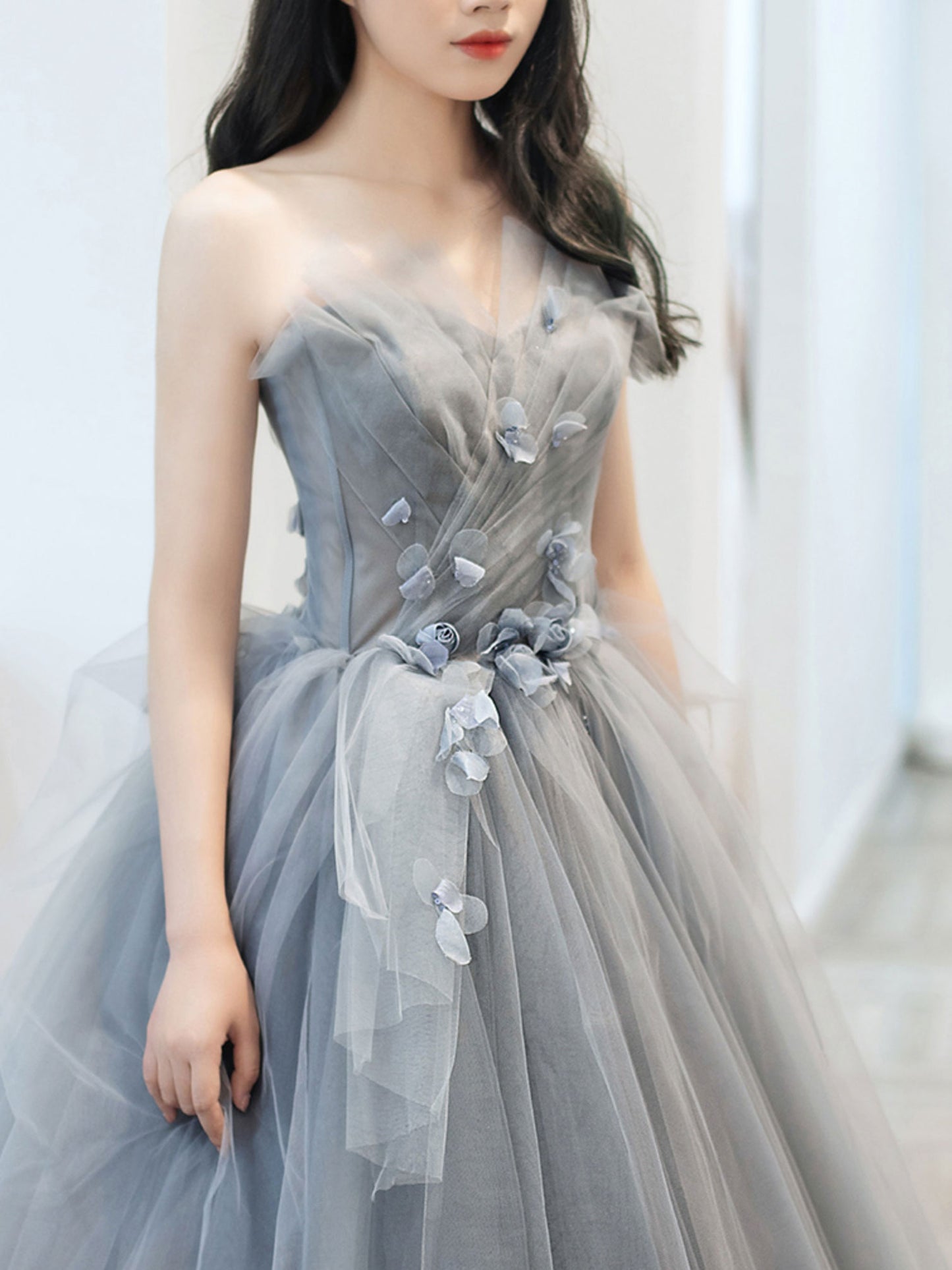 Gray sweetheart neck tulle long prom dress, gray tulle formal dress