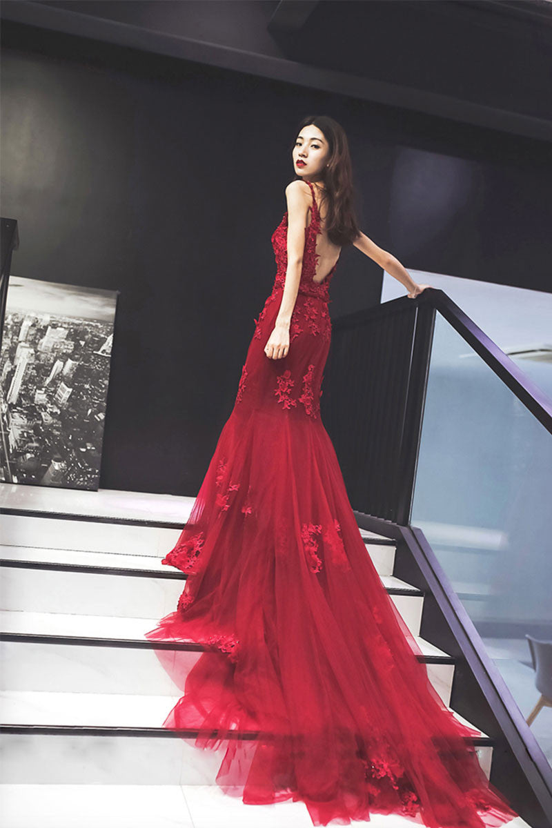 Burgundy v neck lace mermaid long prom dress, burgundy evening dress