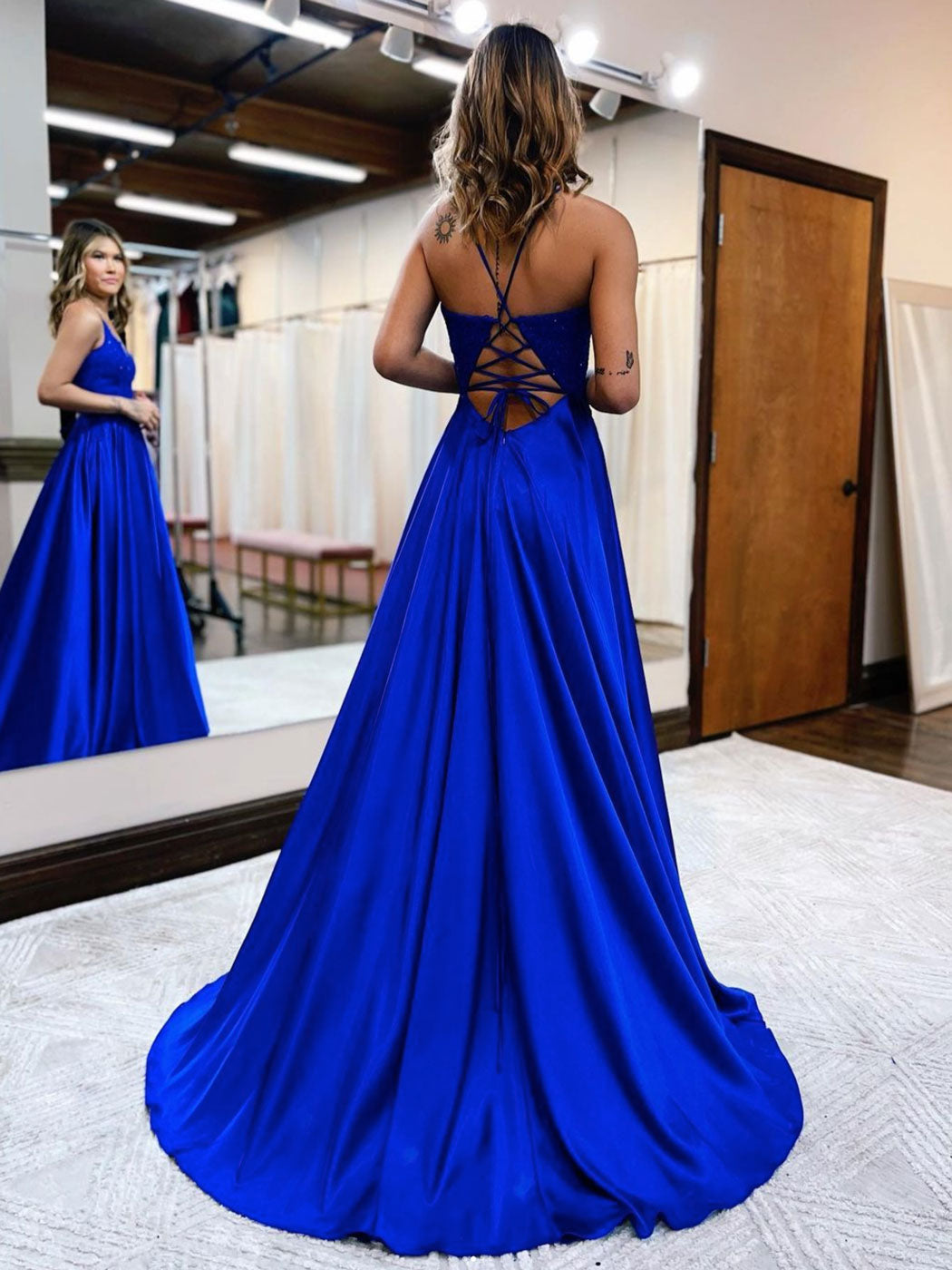 Blue satin v neck lace long prom dress, blue evening dress