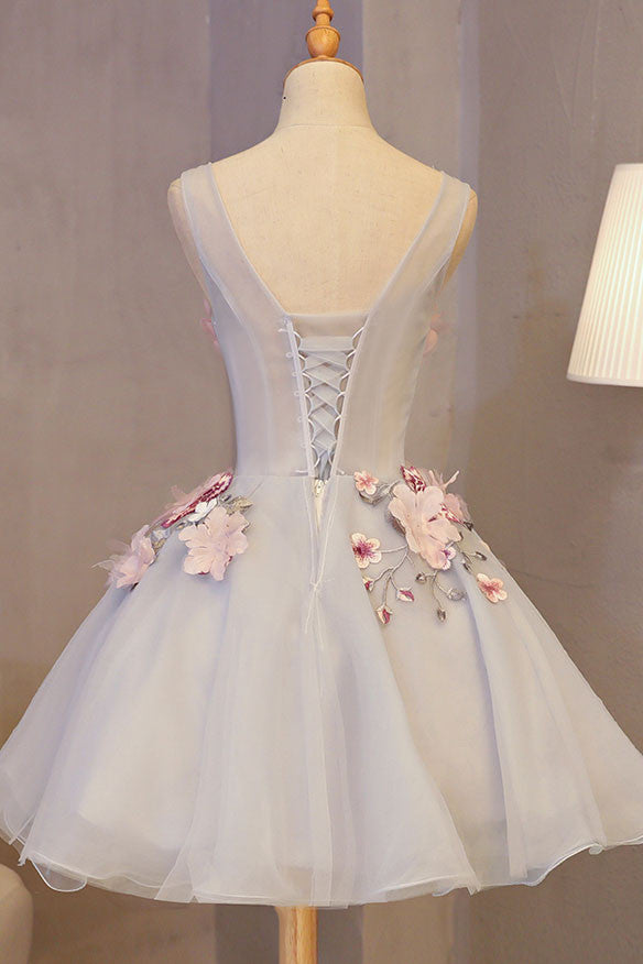 Cute round neck applique short prom dress, homecoming dress