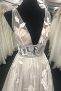 Unique Ivory tulle v neck long prom dress, tulle evening dress