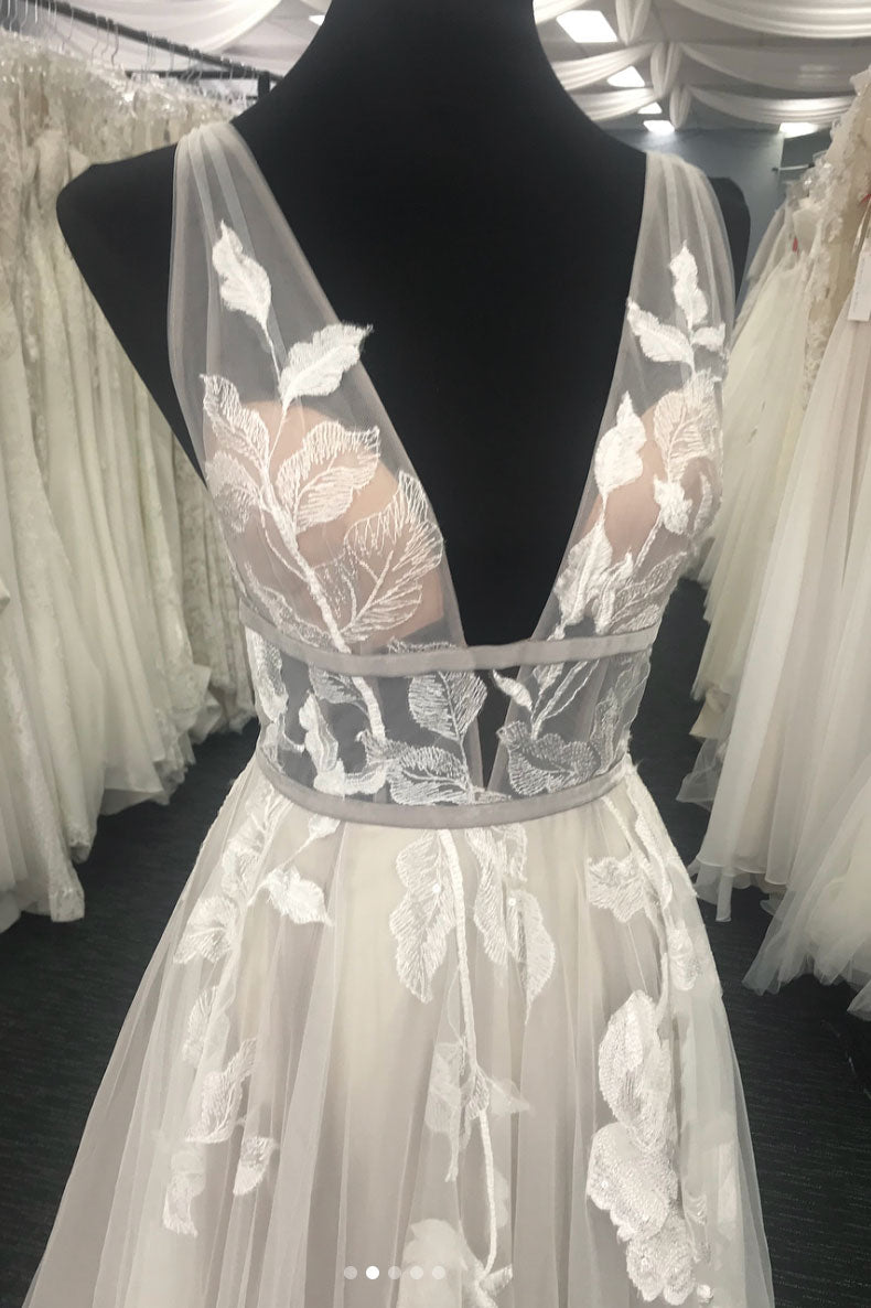 Unique Ivory tulle v neck long prom dress, tulle evening dress