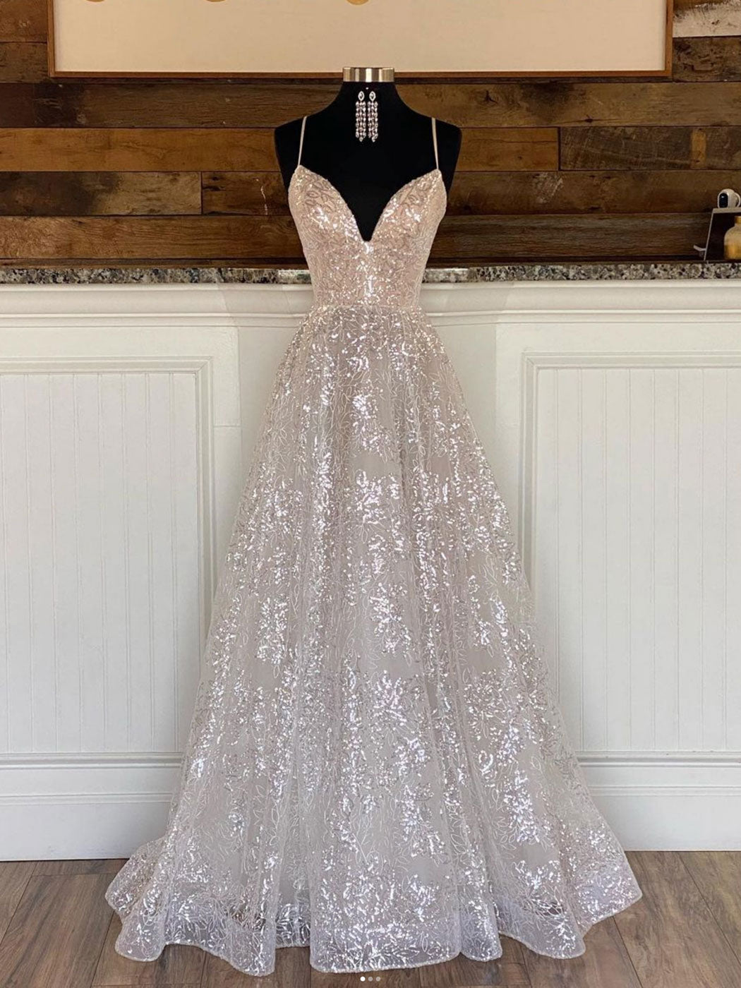 A line v neck sequin tulle long prom dress, tulle formal dress