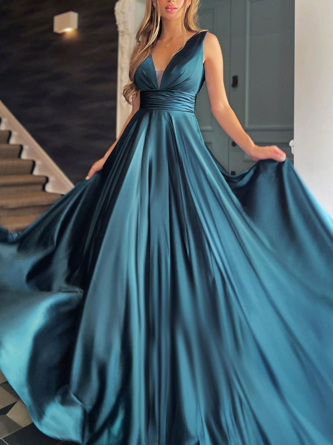 Simple v neck white Aline satin long prom dress, white evening dress