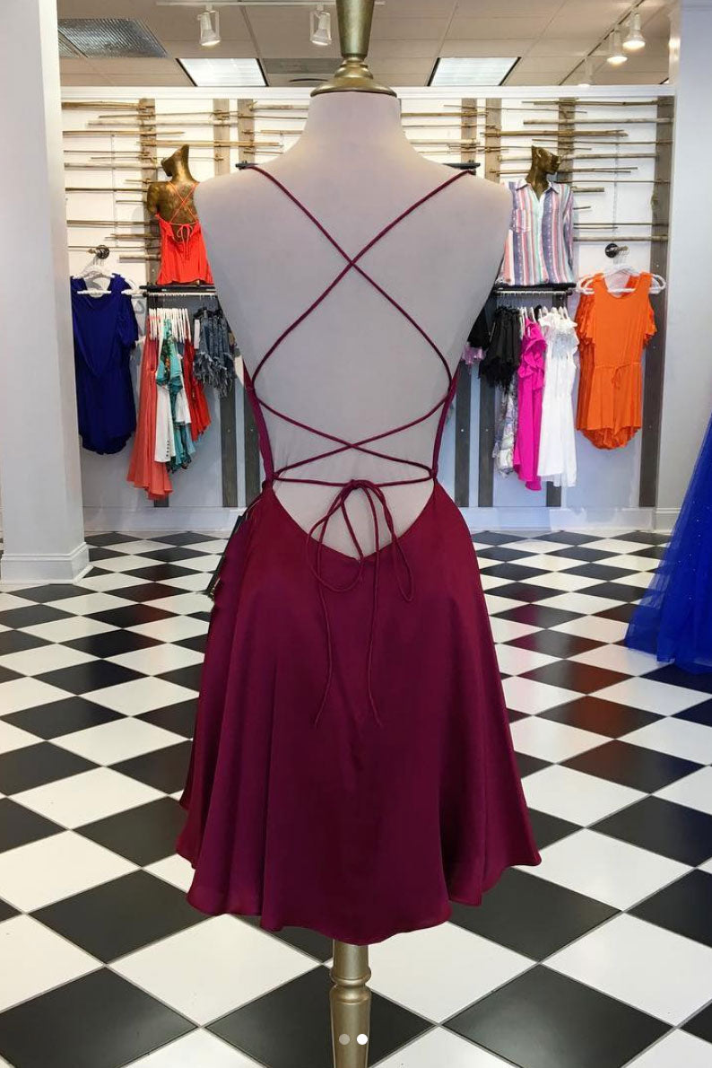 Burgundy satin short prom dress, burgundy short homecoming dress