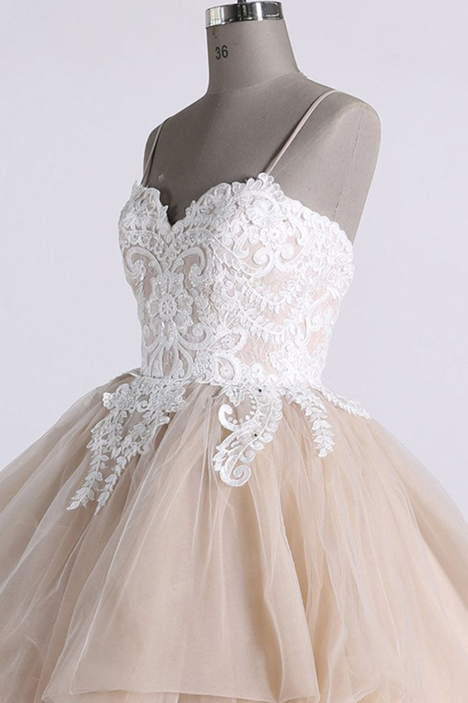 Champagne sweetheart tulle lace long prom dress, tulle formal dress