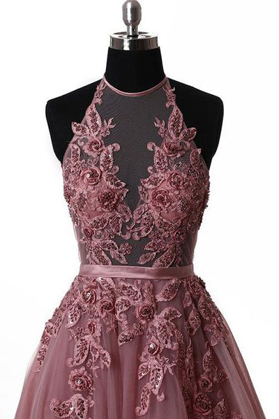 Unique tulle lace applique long prom dress, tulle evening dress