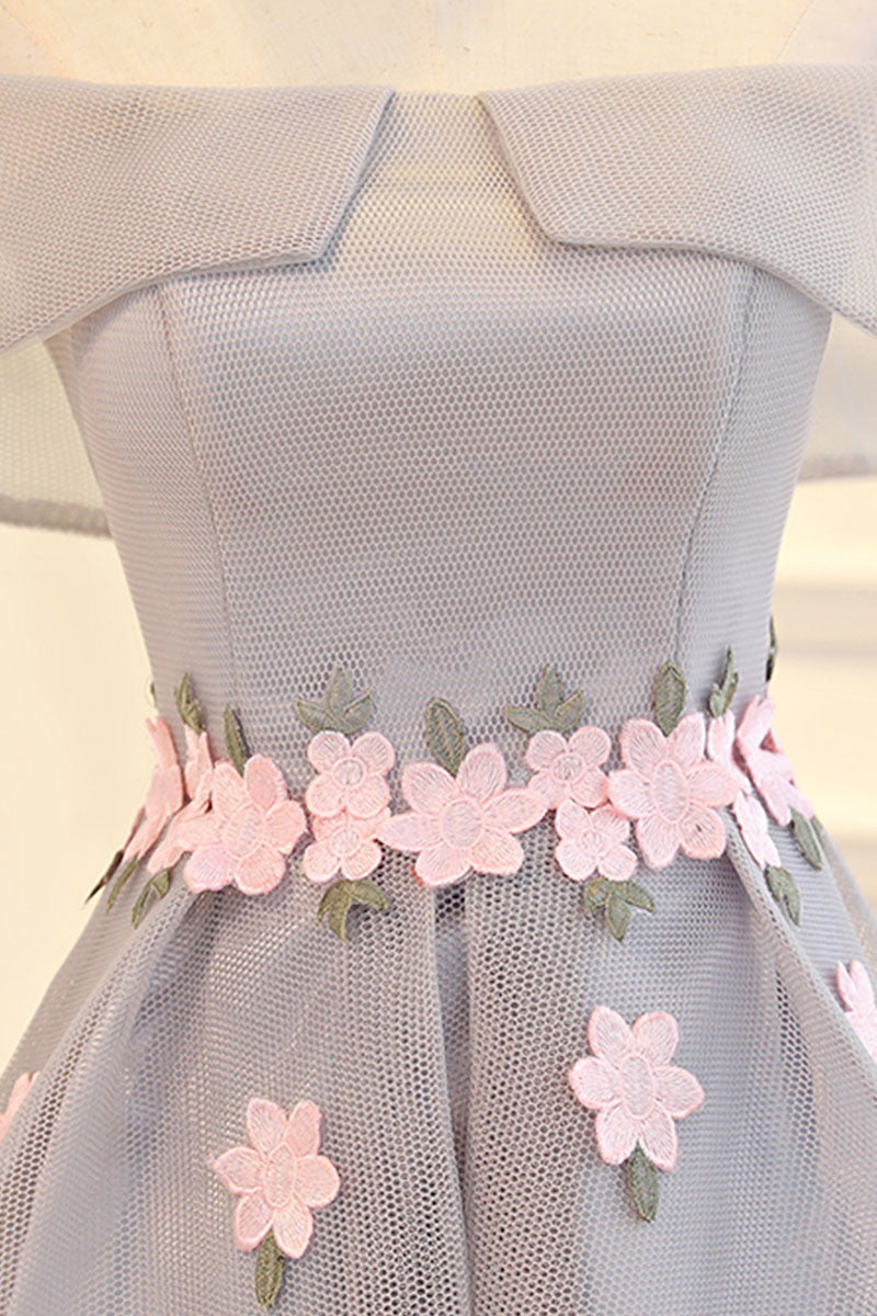 Gray applique high low prom dress, gray evening dress