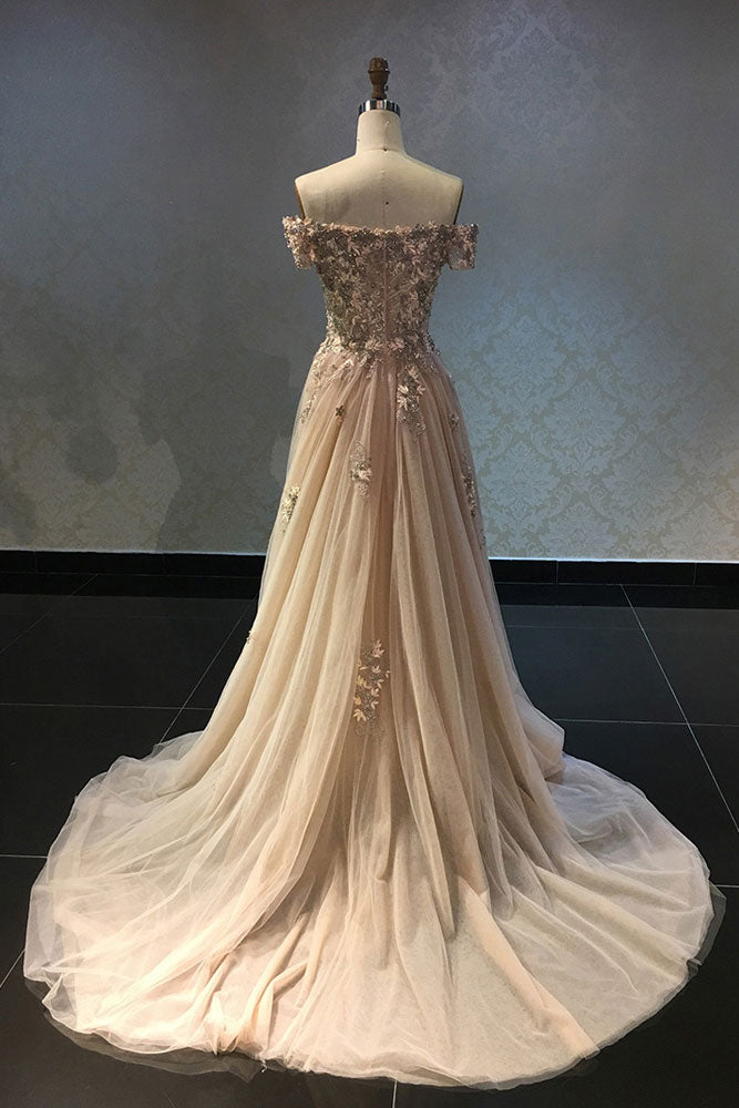 Champagne lace applique tulle long prom dress, champagne evening dress