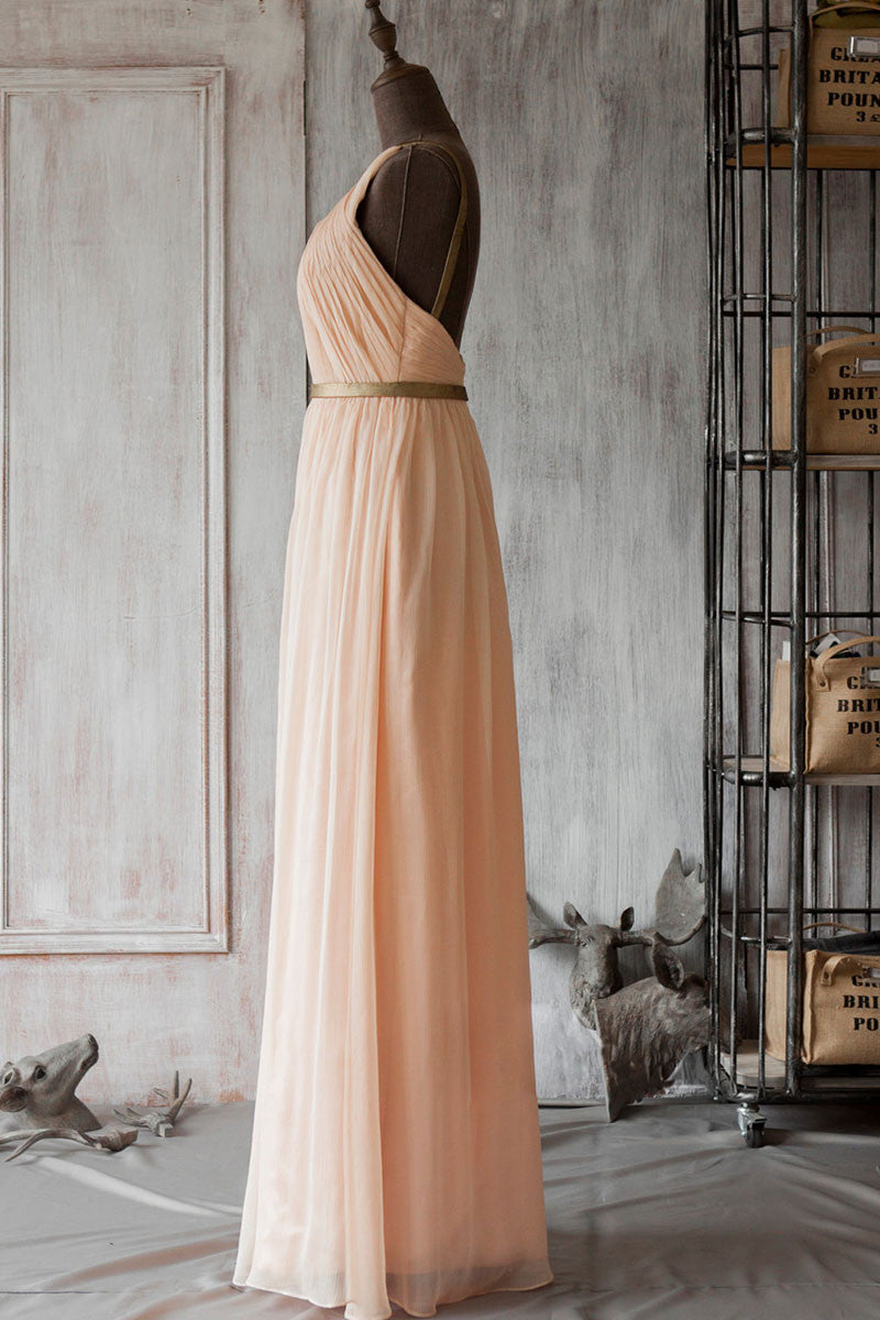 Simple pink chiffon long prom dress, bridesmaid dress