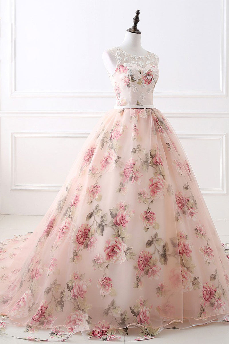 Unique round neck printing long prom gown, evening dress