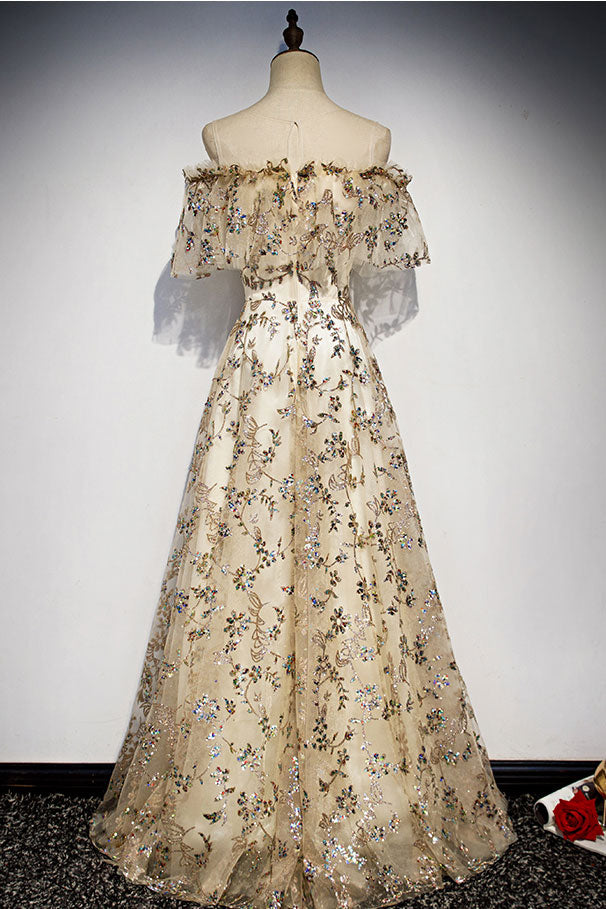 Champagne tulle lace long prom dress, champagne evening dress