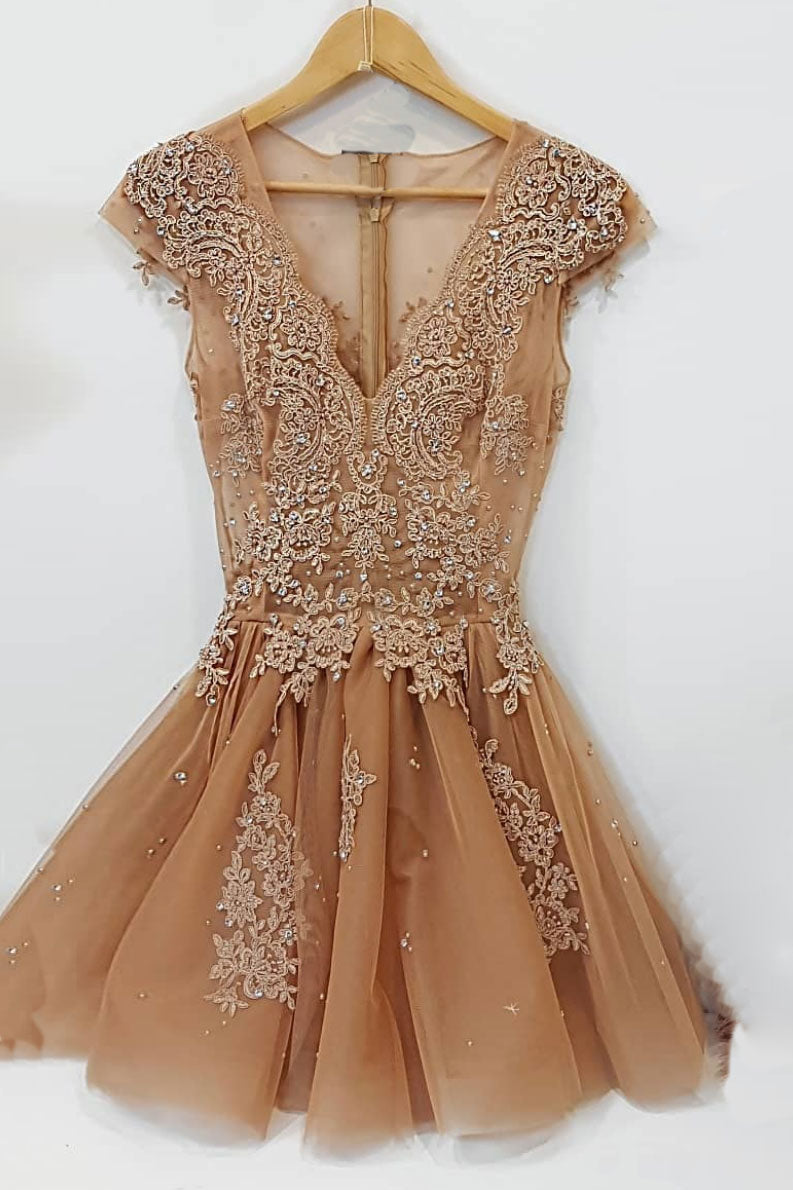 Champagne v neck lace tulle short prom dress, lace tulle homecoming dress