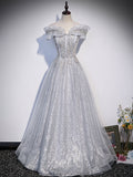 Gray tulle long prom dress, gray tulle formal dress