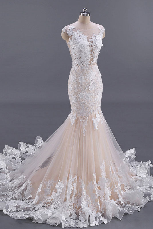 Unique champagne tulle lace long prom dress, unique evening dress