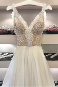 White v neck beads tulle long prom dress, white evening dress