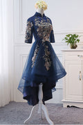 Dark blue lace applique short prom dress, blue evening dress