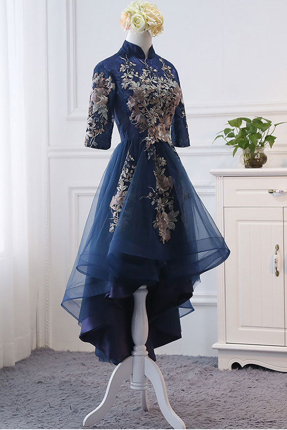 Dark blue lace applique short prom dress, blue evening dress