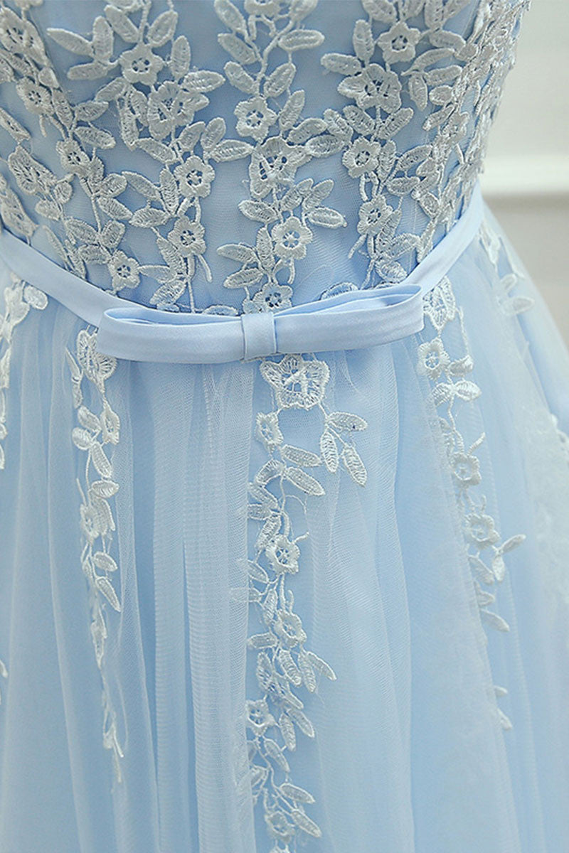 Cute round neck lace tulle blue prom dress, homeoming dress