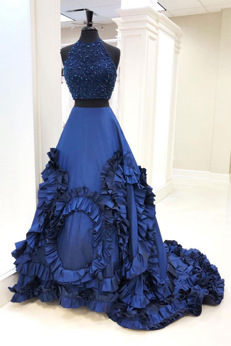 Blue two pieces beads sequin long prom dress, blue evening dress