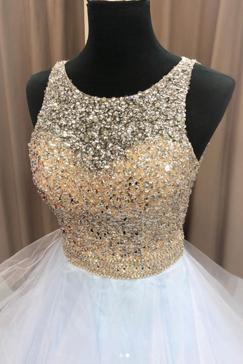 Light blue sequin tulle long prom dress, tulle formal dress
