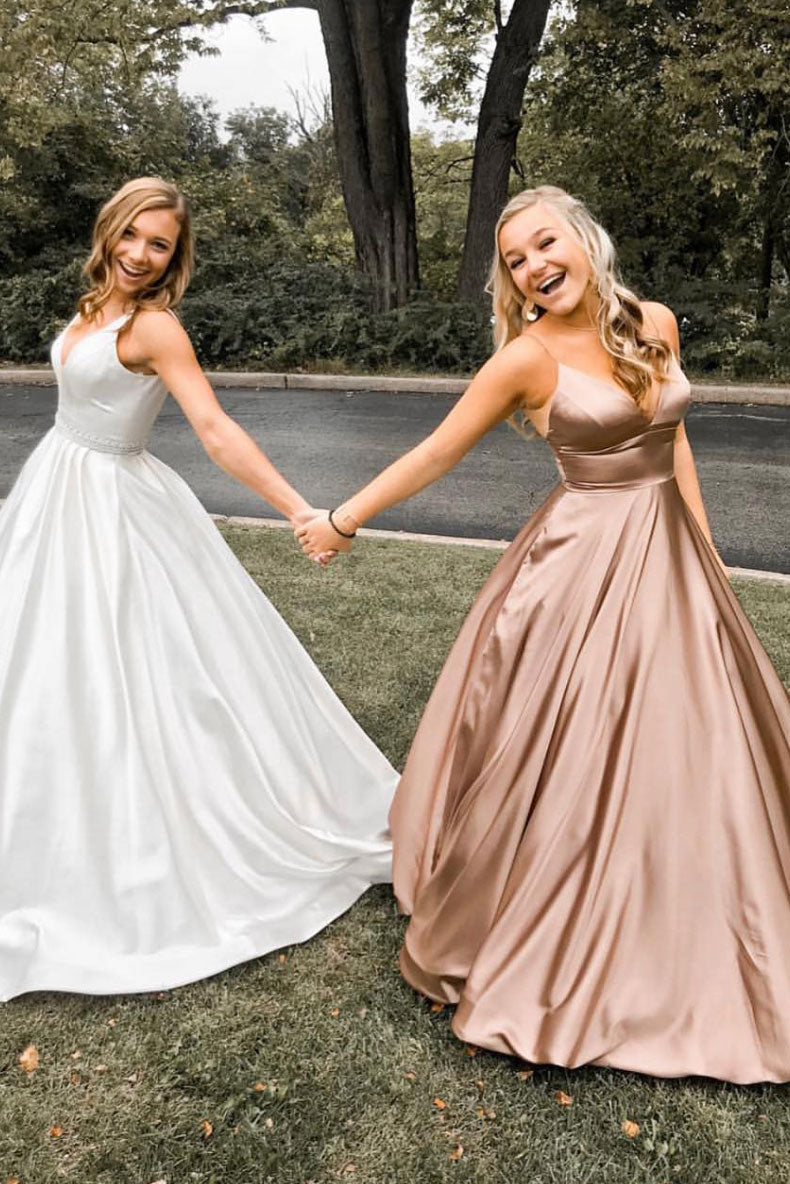 Simple v neck satin long prom dress, evening dress