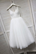 White v neck tulle lace tea Length prom dress, white bridesmaid dress